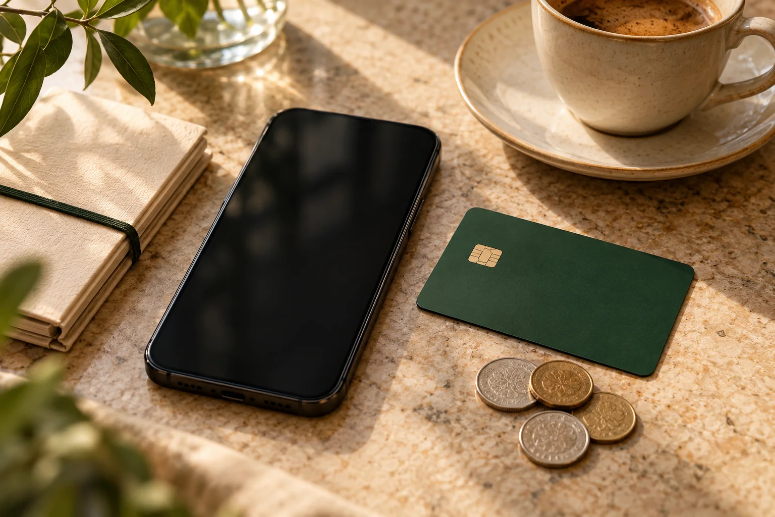 Conceptual AI illustration of a blank-screen phone, unbranded card and coins on a café table