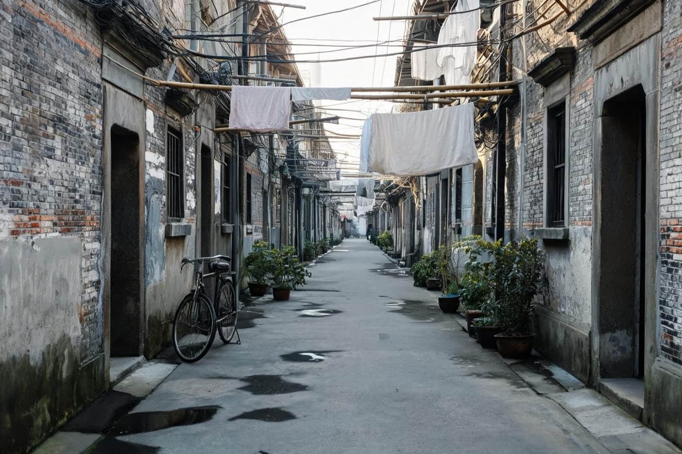 Editorial illustration of an unhurried Shanghai lane; it is not a verified street, venue, or walking route.
